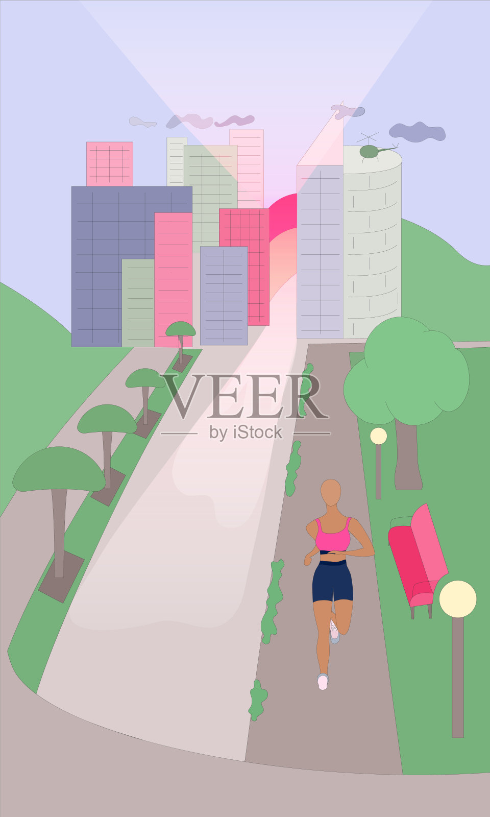 在城市广场的小巷里奔跑的妇女插画图片素材