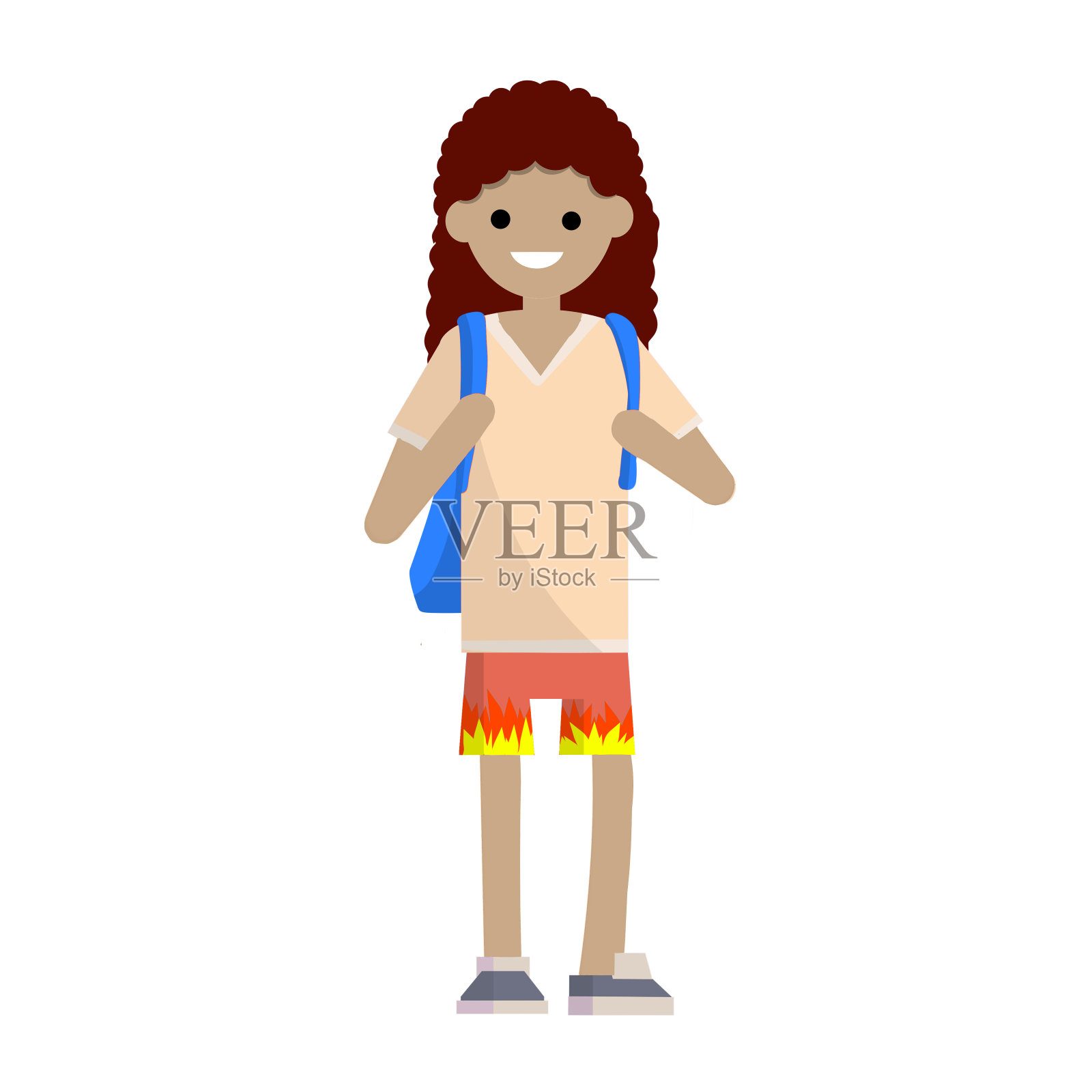 年轻的女孩穿着粉红色的t恤，短裤和一个背包挥舞。插画图片素材