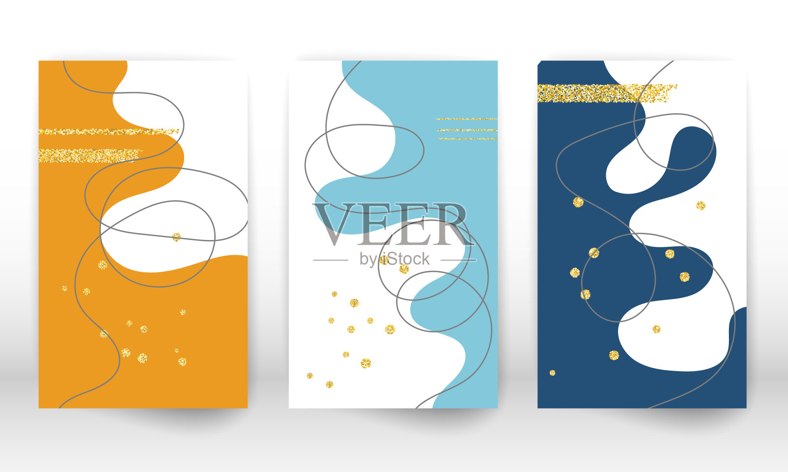 现代艺术画。流体形状和线条的集合。极简手绘液体形状，金色颗粒。现代艺术背景。插画图片素材