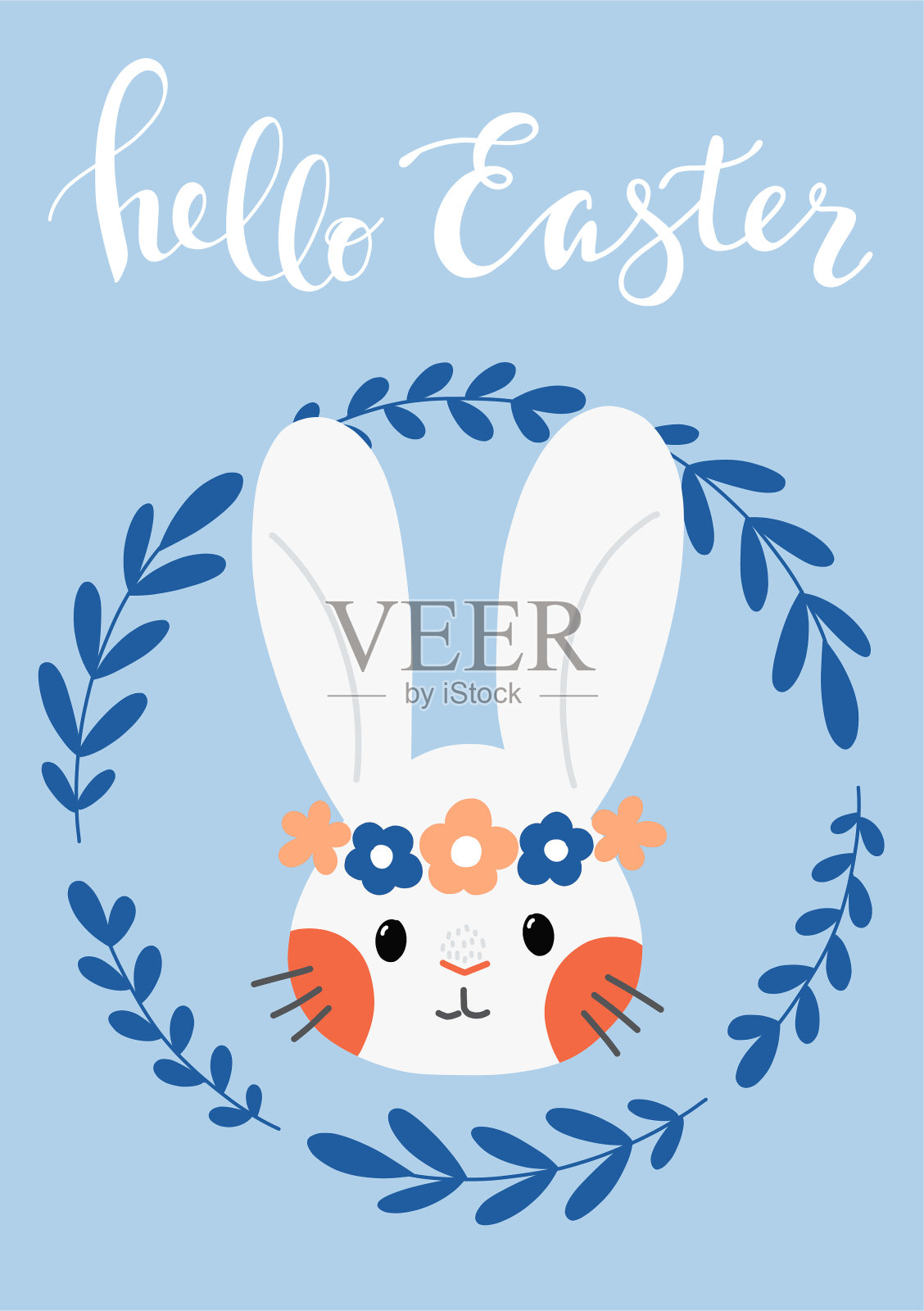 春天复活节现代贺卡和邀请复活节彩蛋狩猎派对在可爱的手绘风格兔子，鲜花，鸡蛋插画图片素材