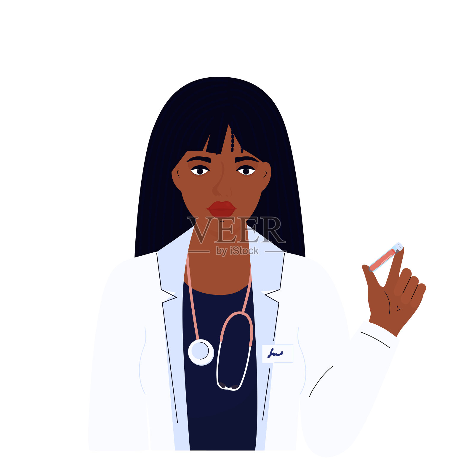 女医生。穿着白色长袍的非裔美国妇女。医院工作人员插画图片素材