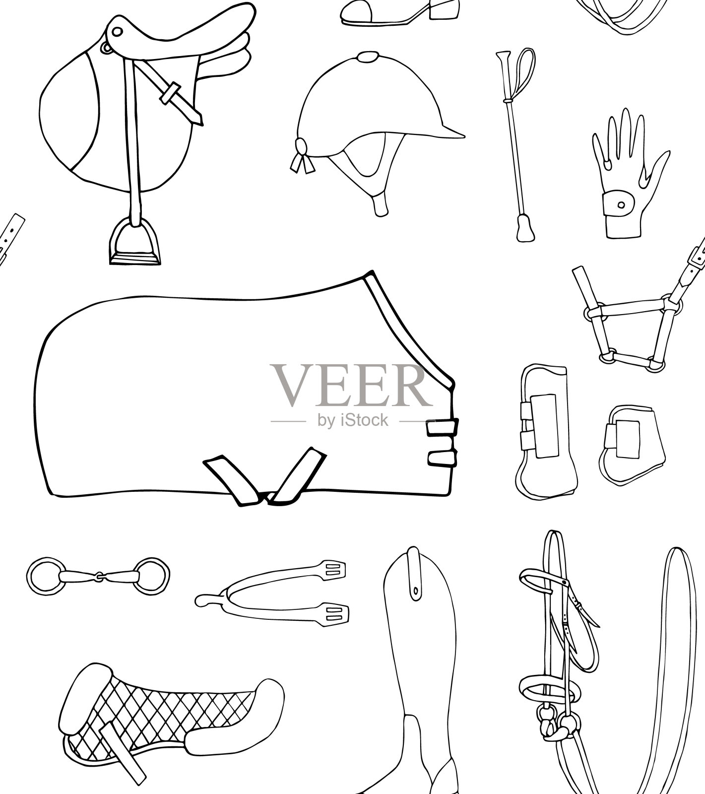 矢量无缝图案手绘涂鸦素描骑马骑马装备插画图片素材