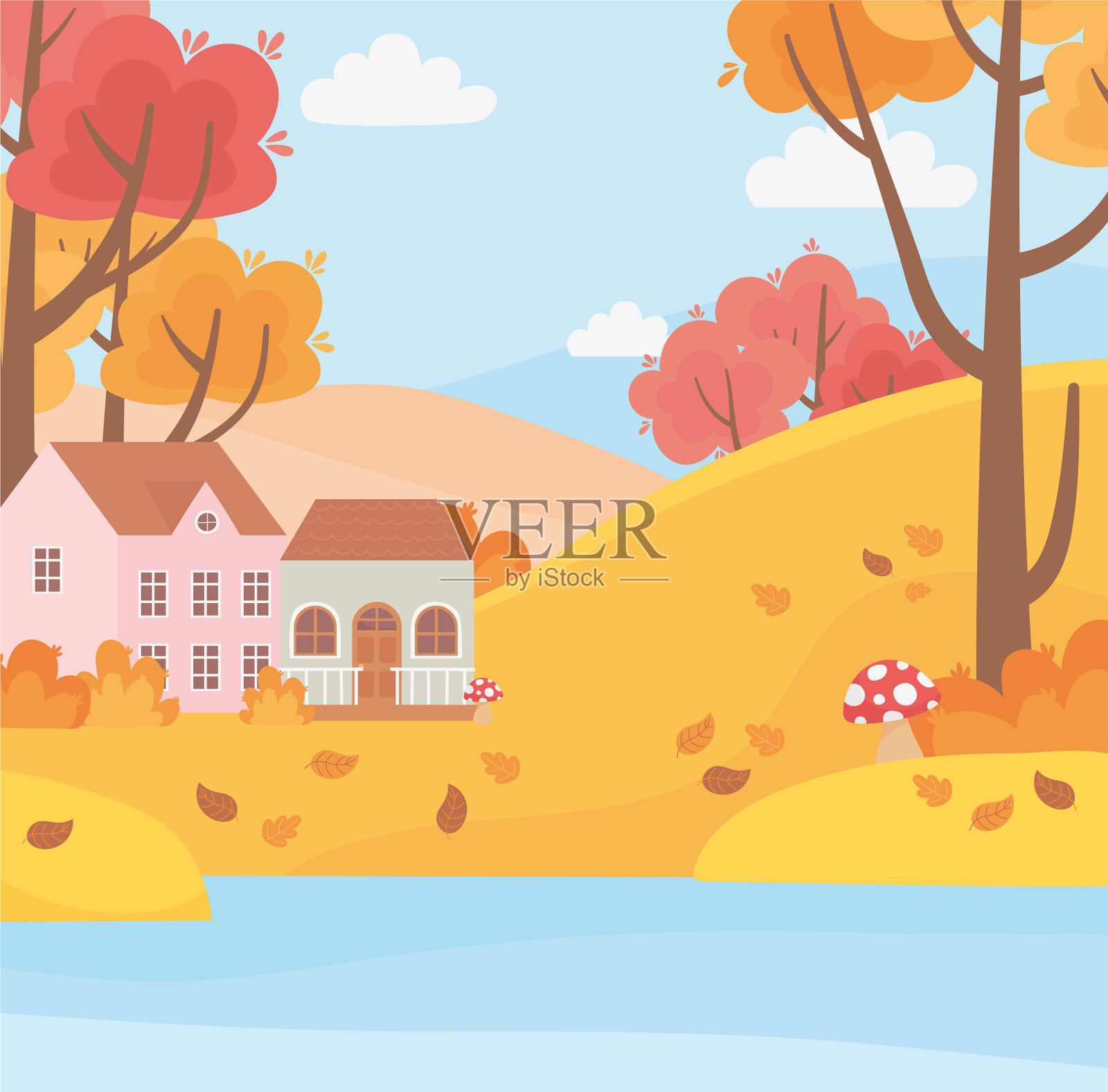 山水在秋景中自然风光屋插画图片素材