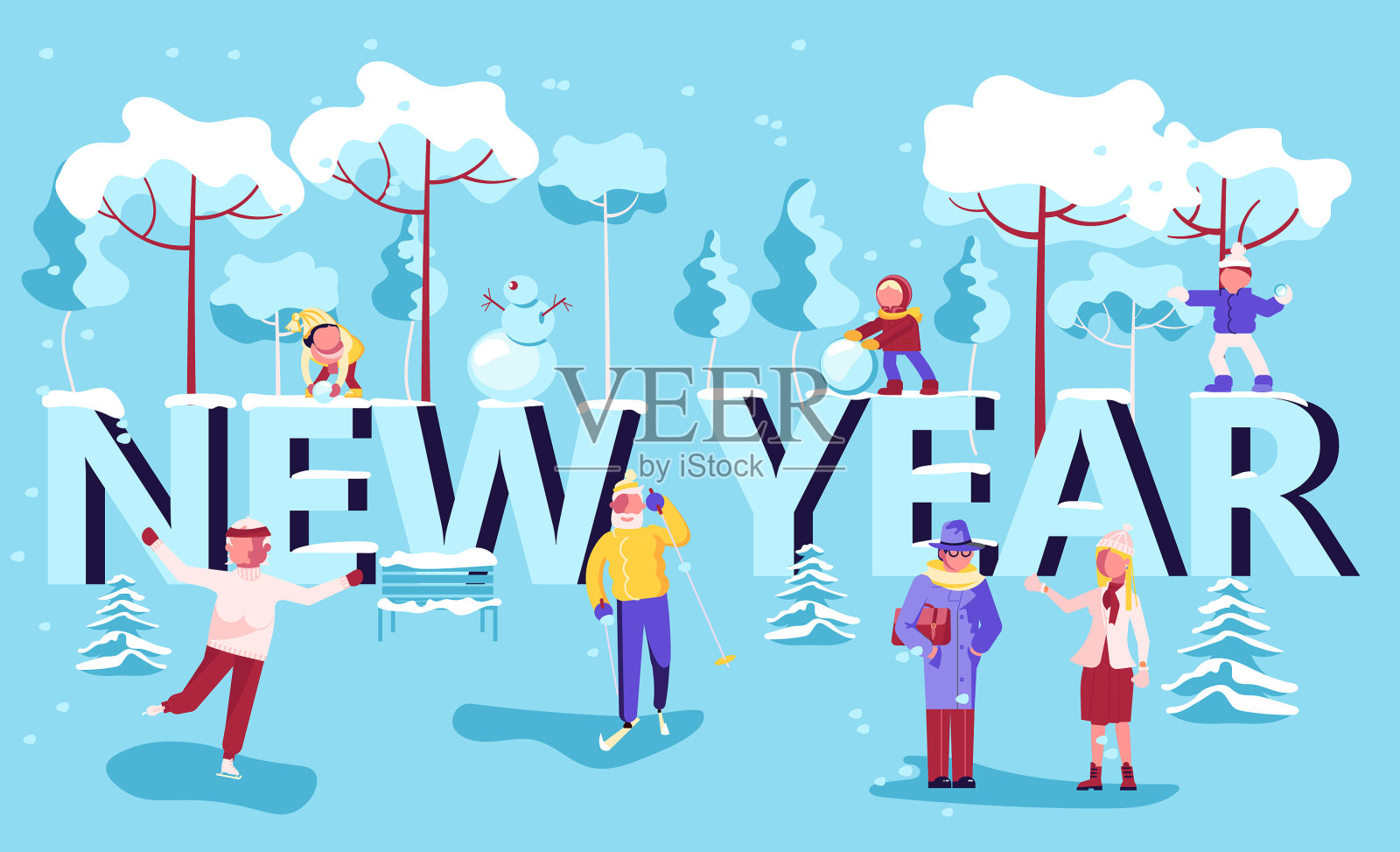 新年字在全景冬季景观插画图片素材