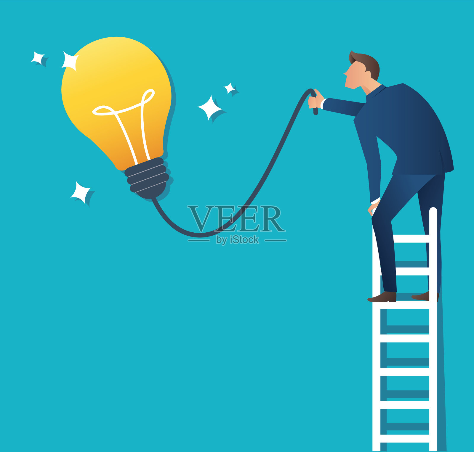 梯子上的人指着黄色的灯泡插画图片素材