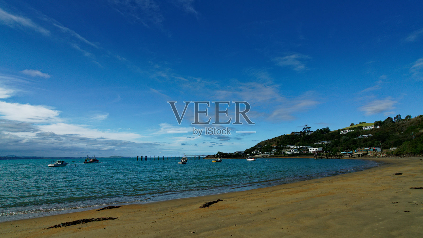 莫拉基村，新西兰南岛东南海岸的一个渔村。照片摄影图片