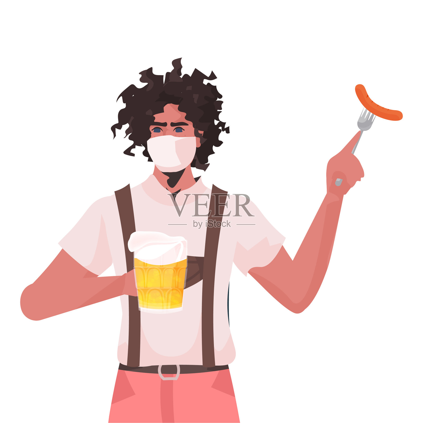 带着医用面具的人拿着啤酒杯和香肠设计元素图片