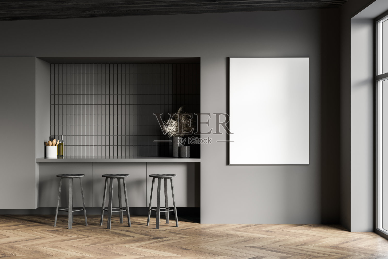 现代灰色酒吧内部与吧台和海报照片摄影图片