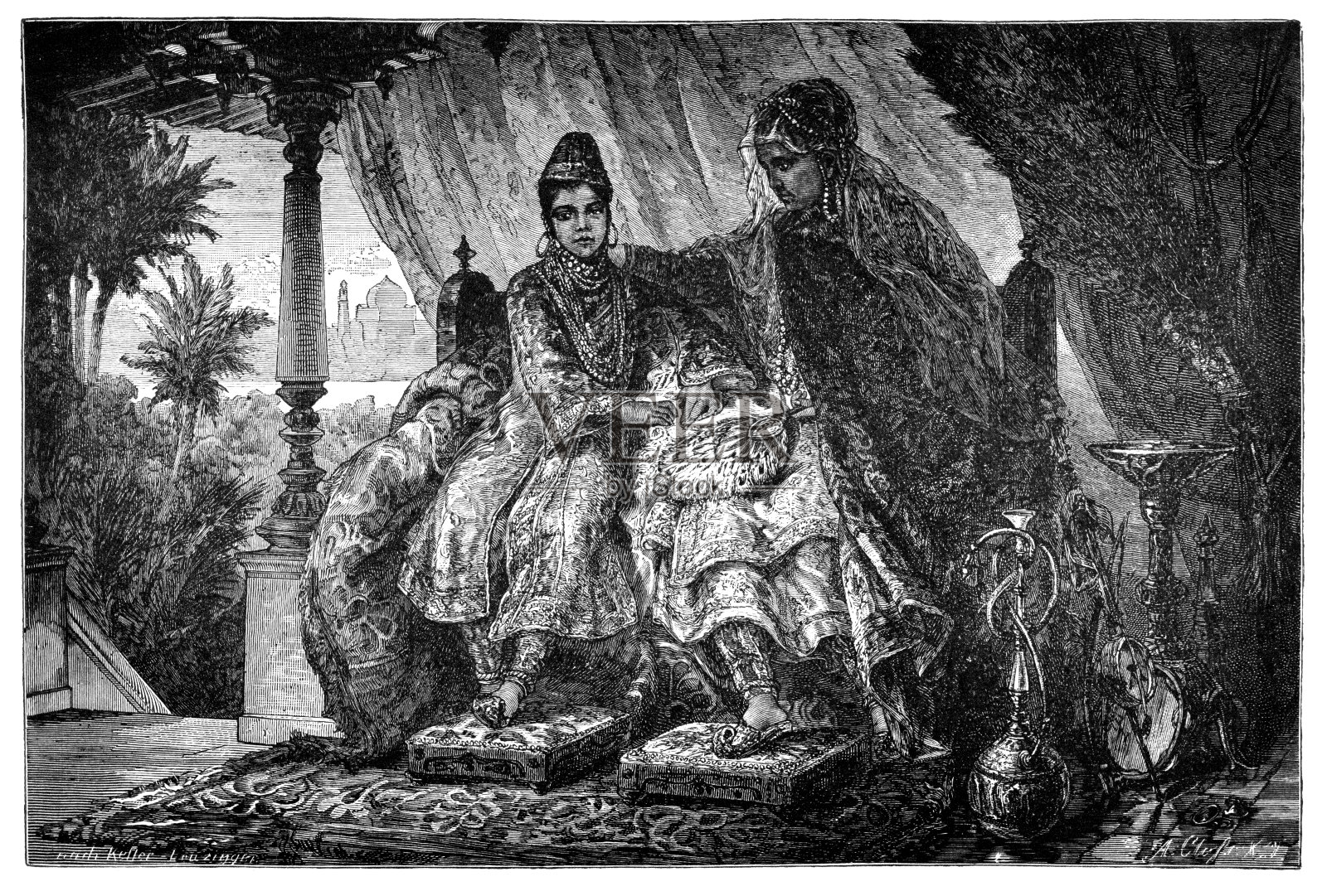 来自印度博帕尔的贵妇贝甘姆和她的女儿。亚洲历史与文化。古董插图。19世纪插画图片素材