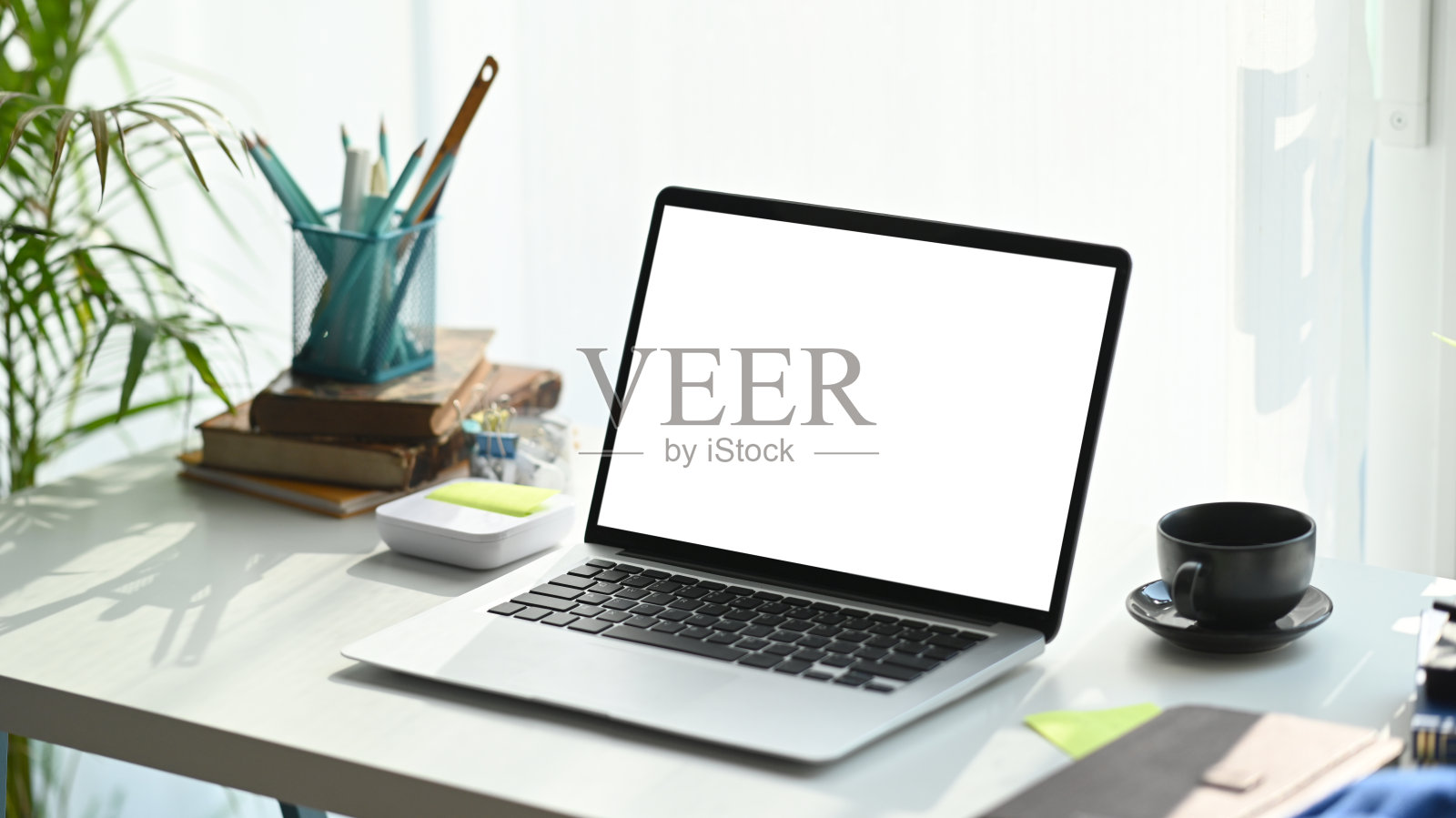 自由职业者的工作场所，电脑，笔记本，咖啡杯和植物在白色的桌子上。照片摄影图片