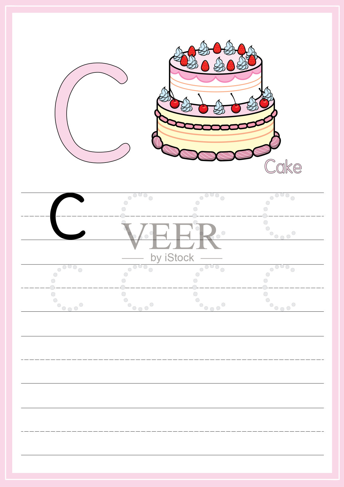 矢量插图的蛋糕孤立在白色背景。用大写字母C作为教学和学习媒体，供儿童识别英文字母或供儿童学习写字母用于在家里和学校学习。插画图片素材