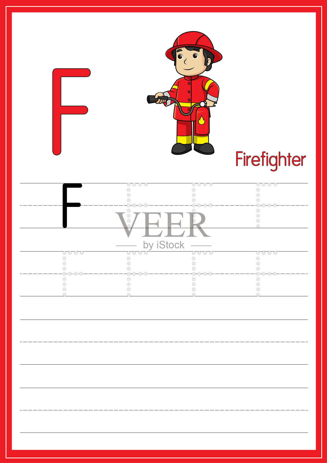 矢量图的消防队员孤立在一个白色背景。以大写字母F作为教学媒体，供儿童识别英文字母或供儿童学习书写字母用于在家里和学校学习。插画图片素材