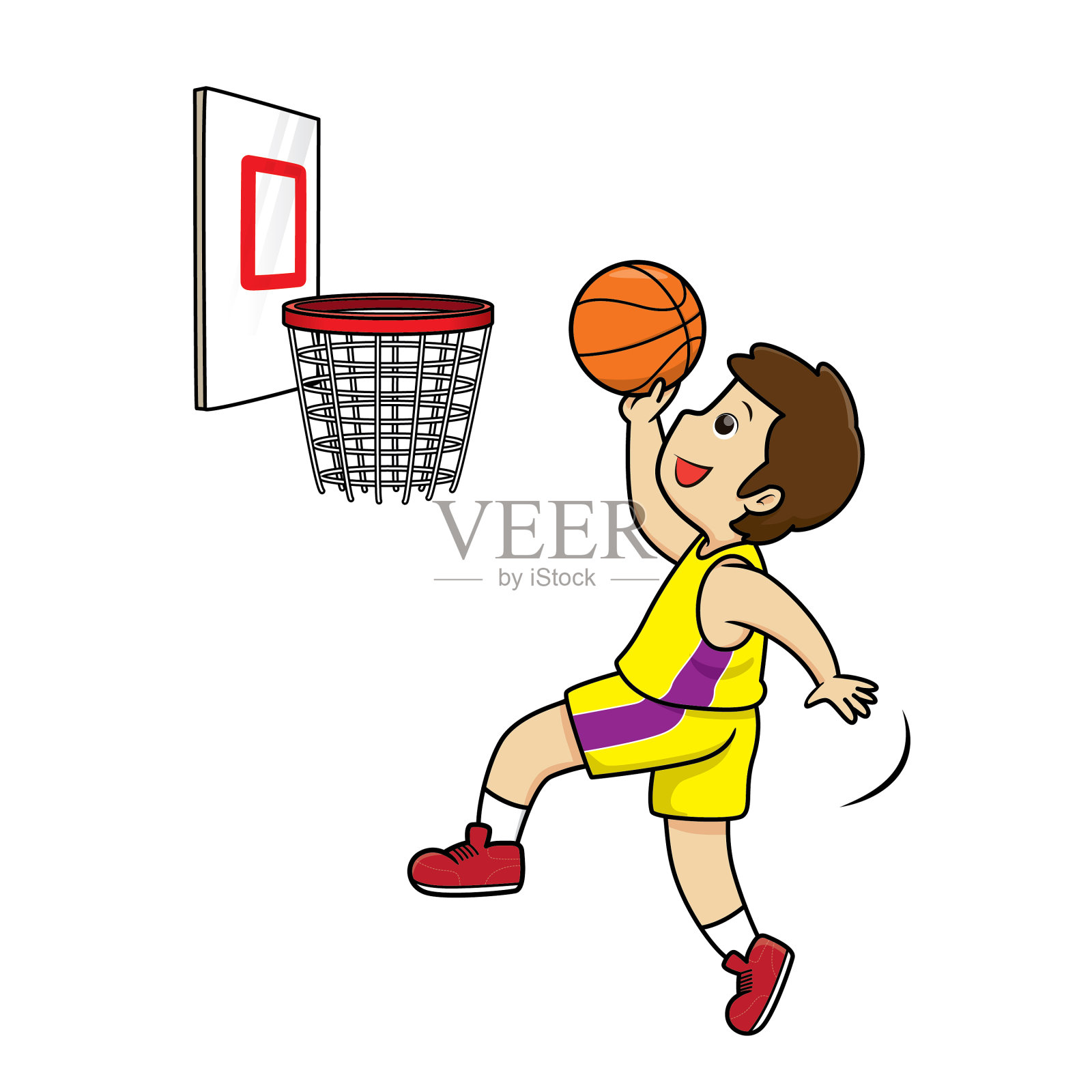 一个篮球运动员穿着一件黄色的衬衫,在篮球上跳在一个白色的背景为