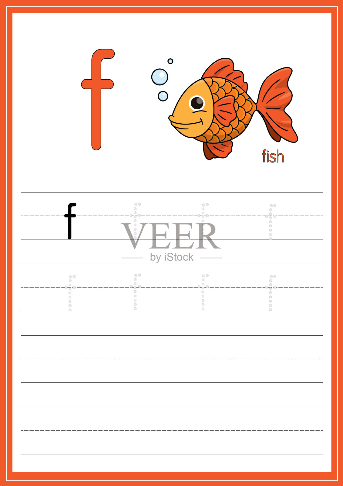 矢量插图锦鲤孤立在白色背景。用小写字母f作为教与学的媒介，供儿童识别英文字母或供儿童学习写字母用于在家里和学校学习。插画图片素材