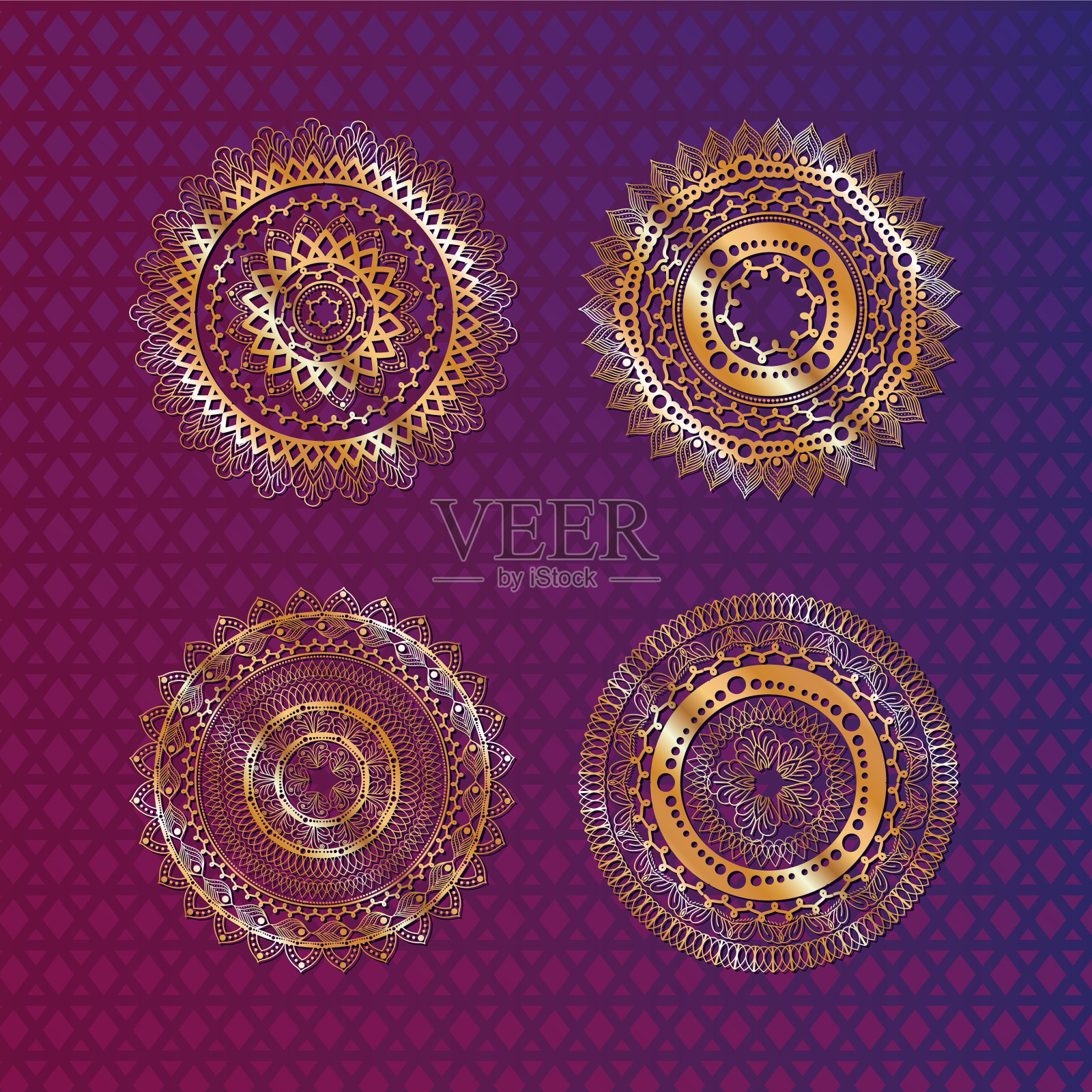设置金色曼荼罗在紫色的背景插画图片素材