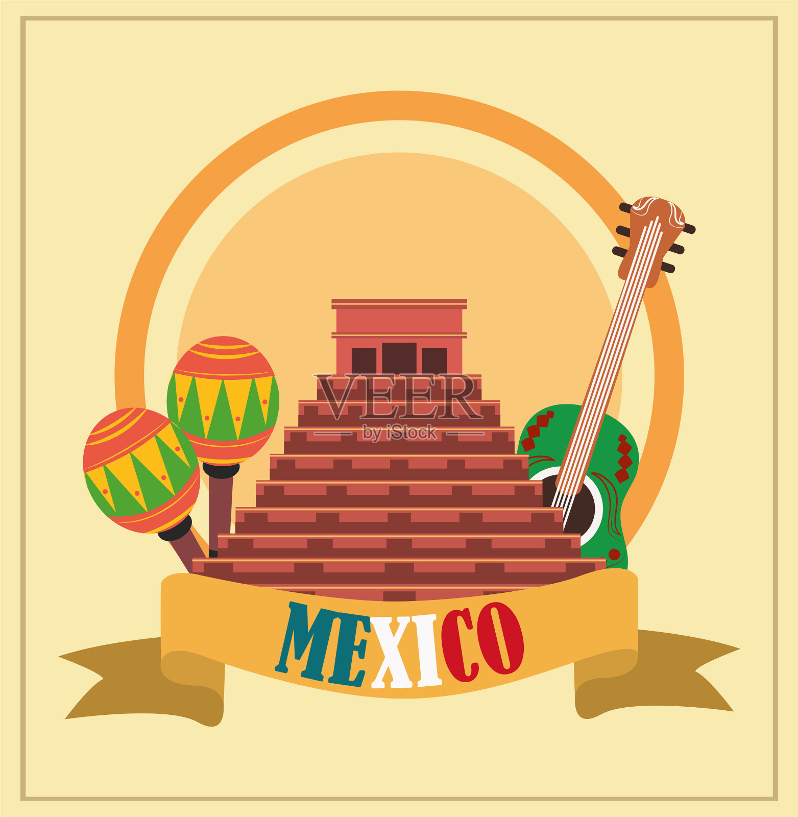 墨西哥独立日古金字塔吉他插画图片素材