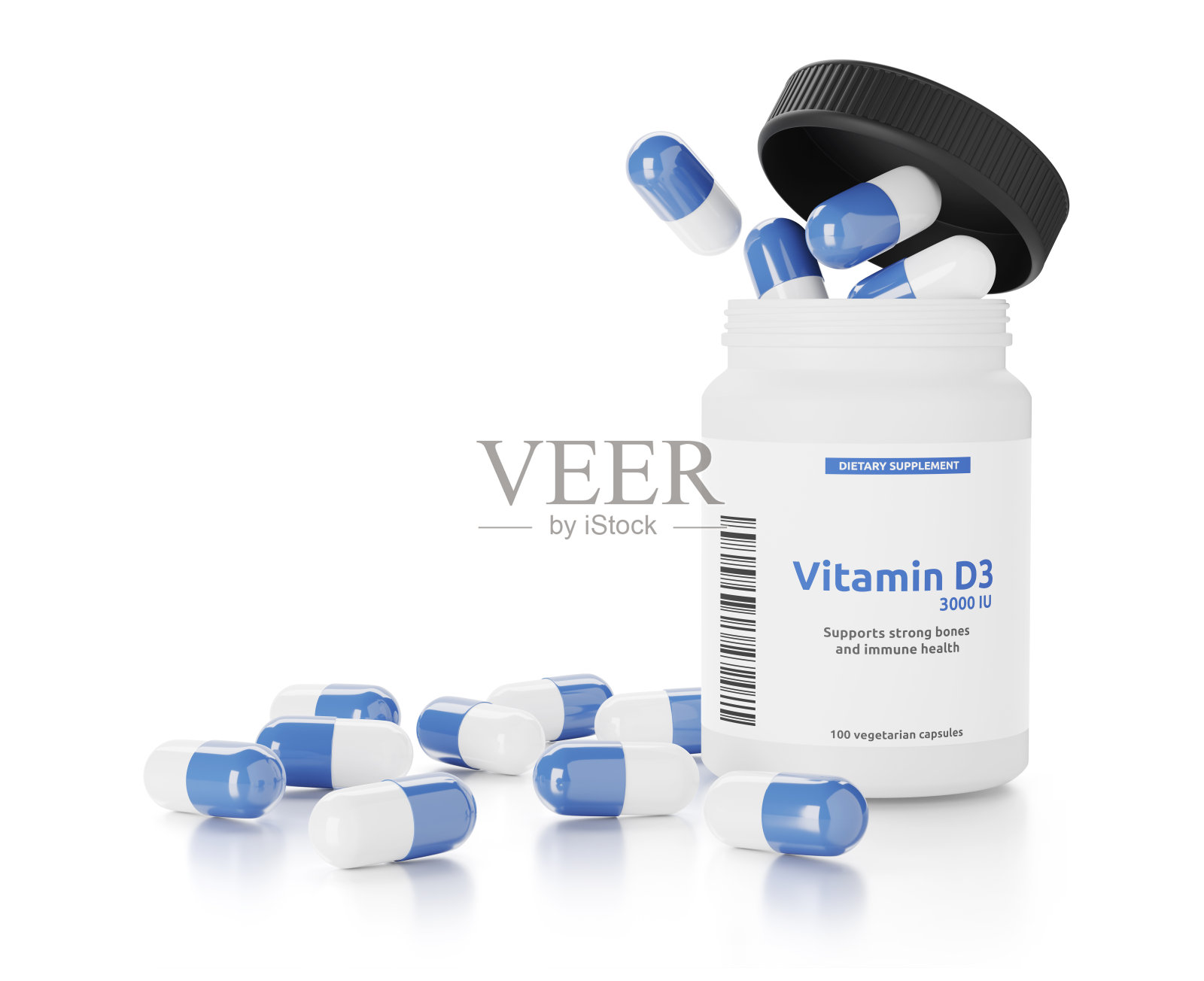 白色背景下的维生素d3瓶子照片摄影图片