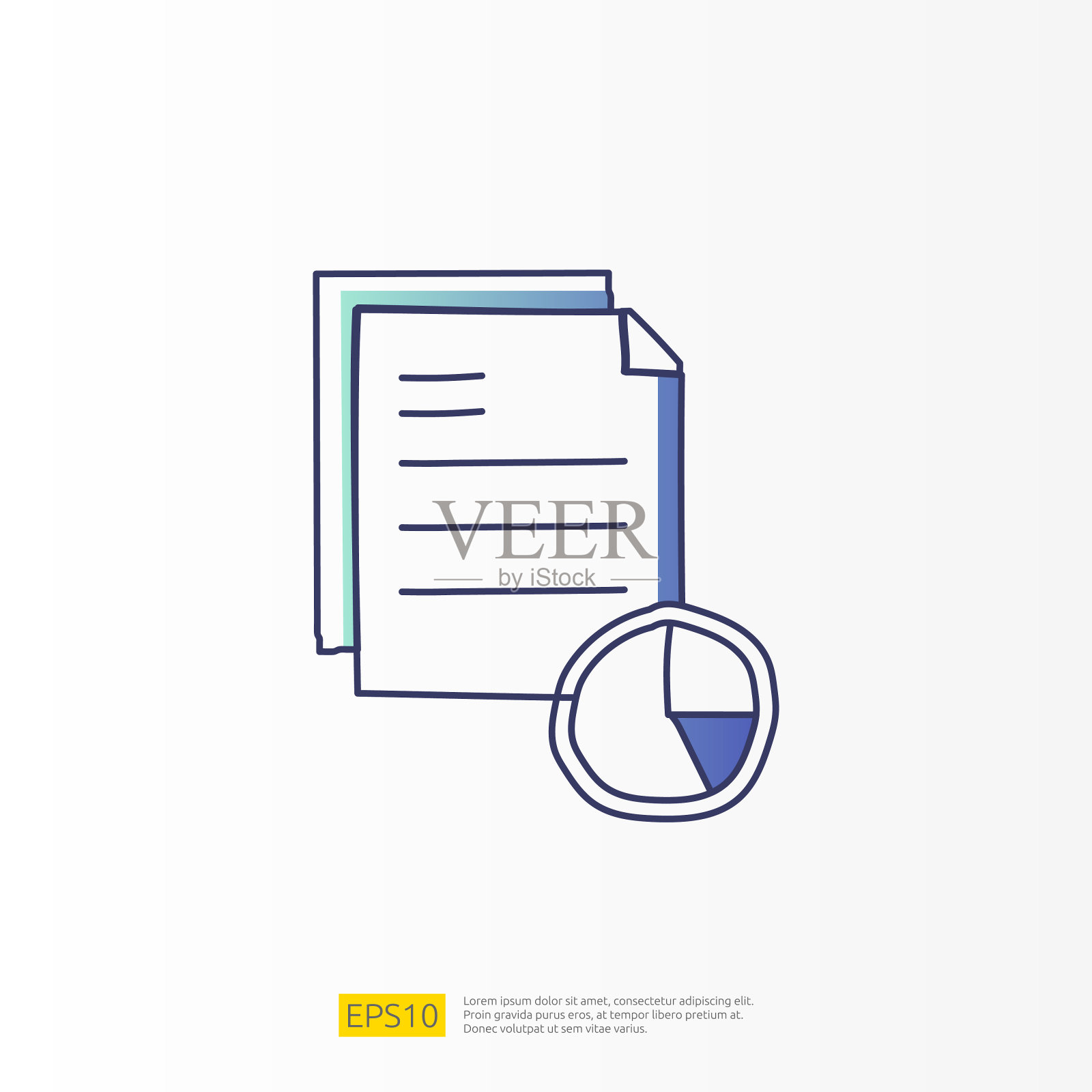数据报告和演示概念涂鸦渐变填充线图标与图形图表文件。统计科学，数字营销和机器学习相关的商业策略说明插画图片素材