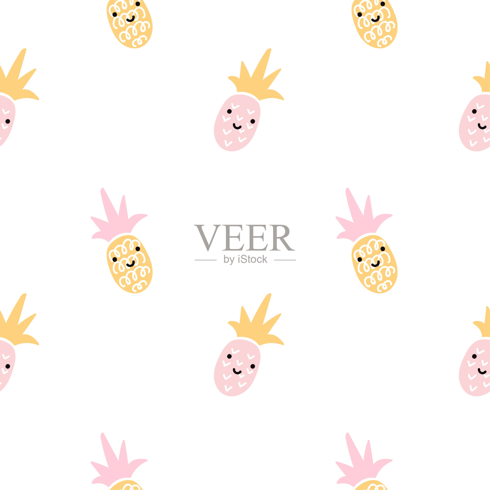 夏季粉彩凤梨无缝设计。床单和衣服的图案。北欧香蕉黄色和粉红色有趣的图案。可爱的婴儿风格的纺织面料卡通装饰品。插画图片素材