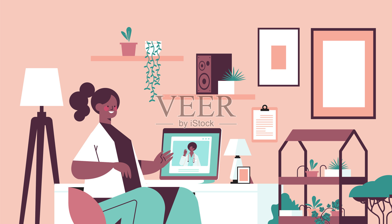 医生在电脑屏幕上咨询女性患者插画图片素材