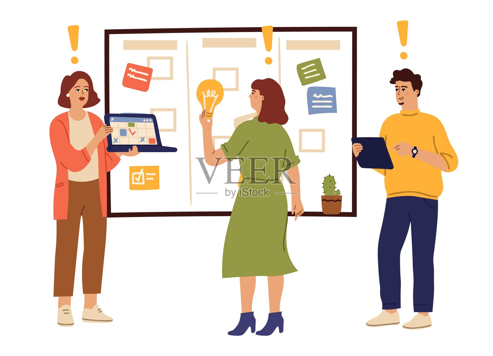 团队头脑风暴：办公室人员思考，创意人士规划启动，高效时间管理或敏捷工作过程矢量概念插画图片素材