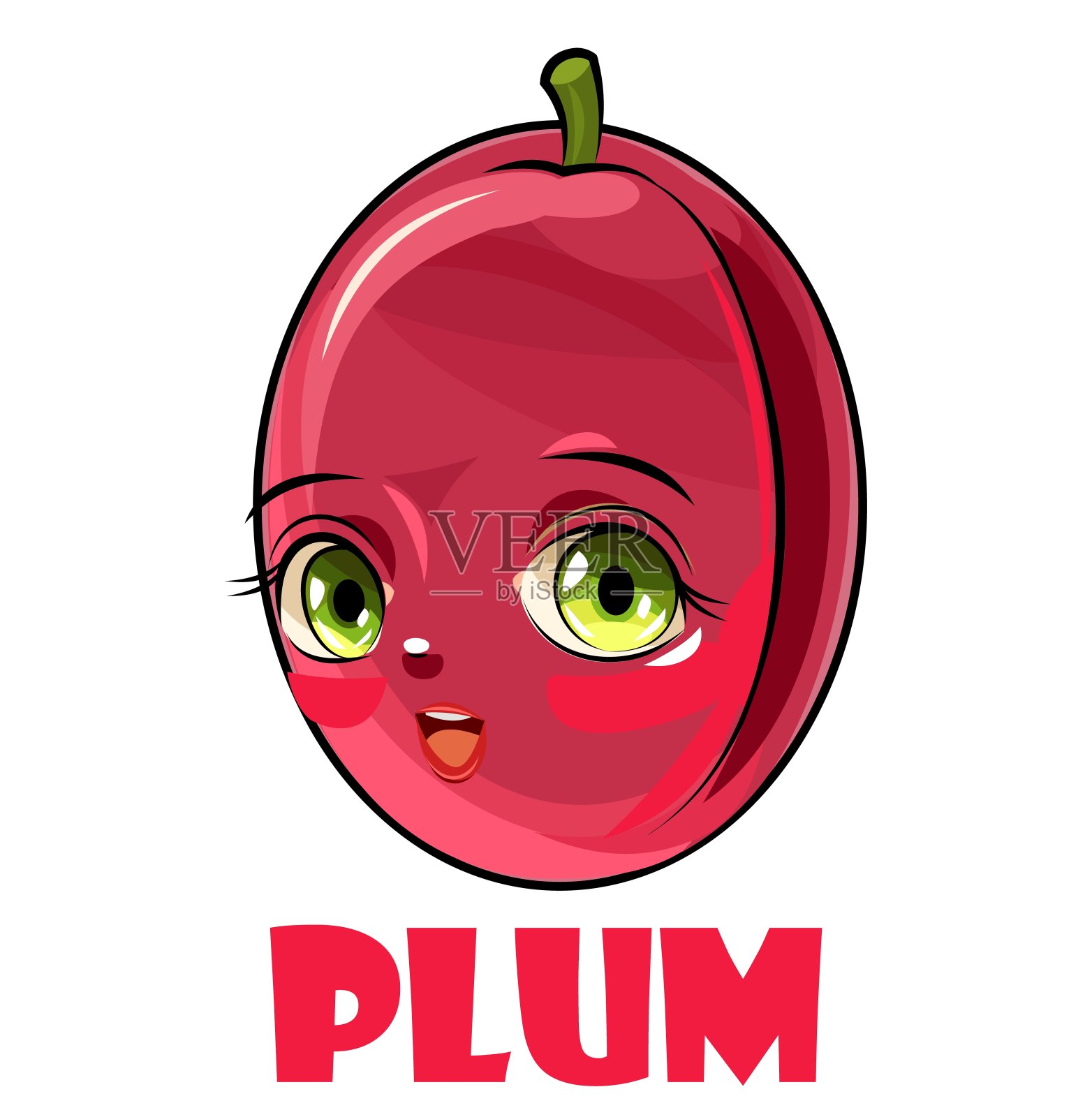 李子的水果。脸铭文。白色背景上的孤立物体。成熟。卡通平的风格。插图。微笑。向量插画图片素材