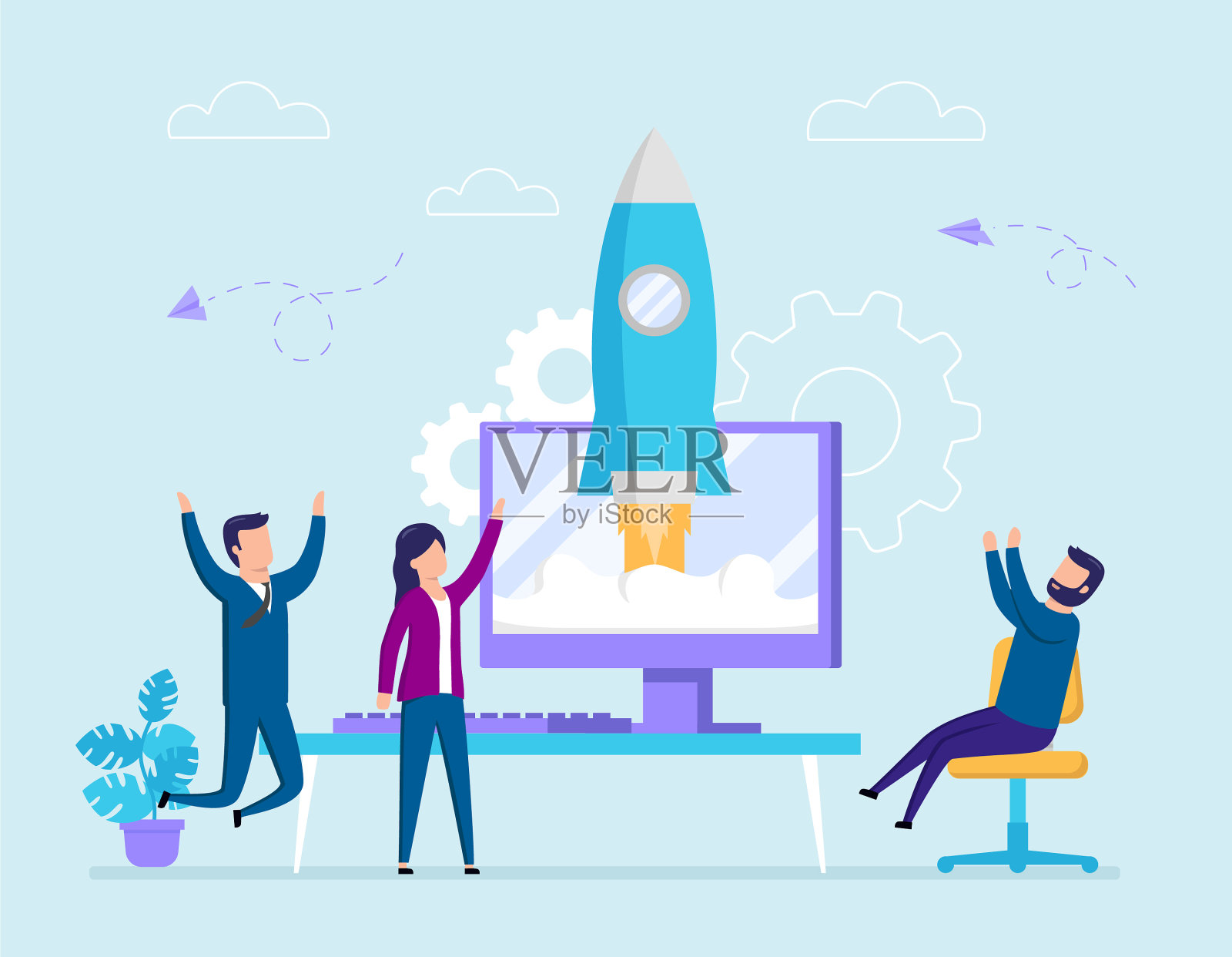 一群人看着火箭起飞插画图片素材