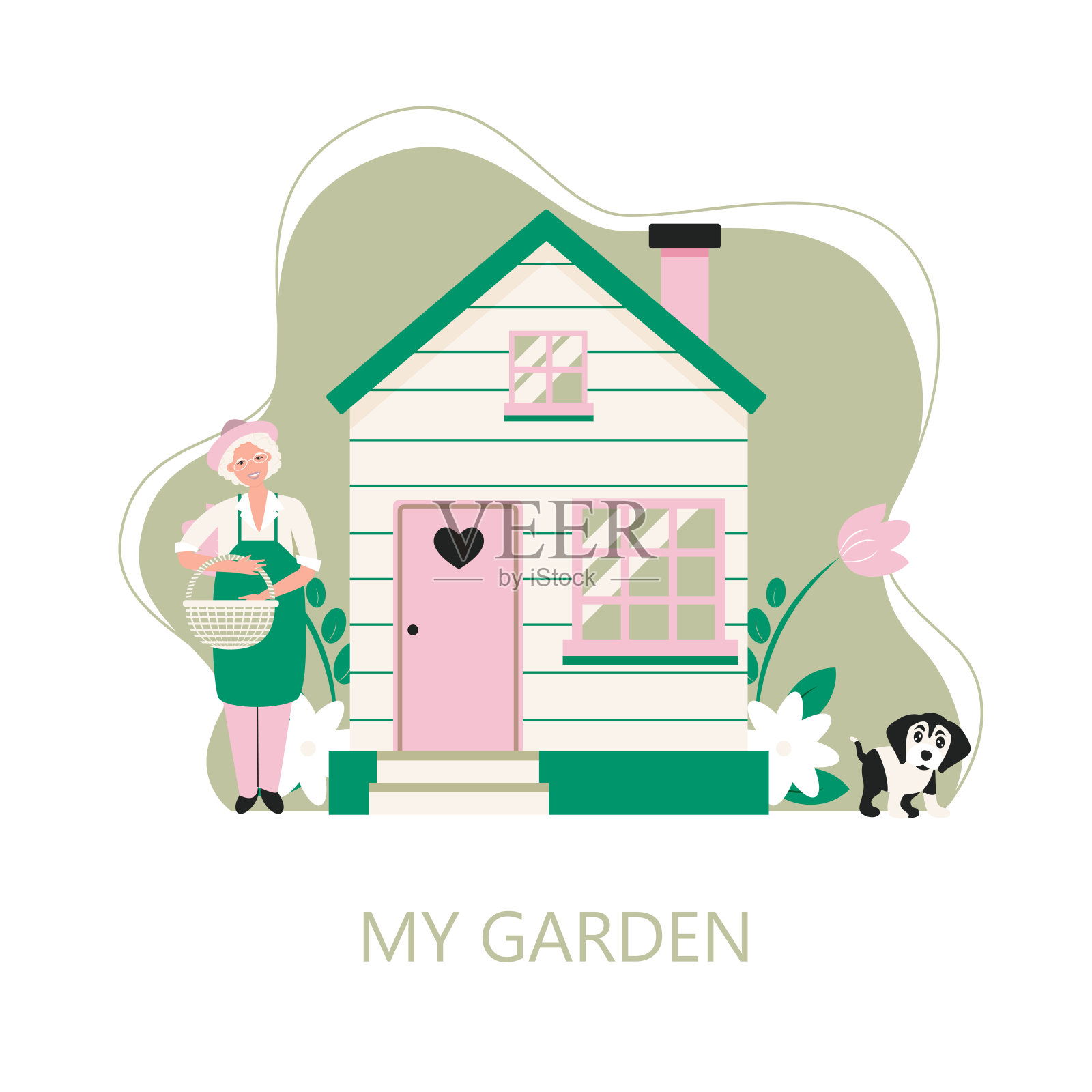 花园是我快乐的地方字母短语和园艺设备收集。女人园艺的爱好。家庭植物围裙护理中的老年白发女性性格及老年女性园艺爱好插画图片素材