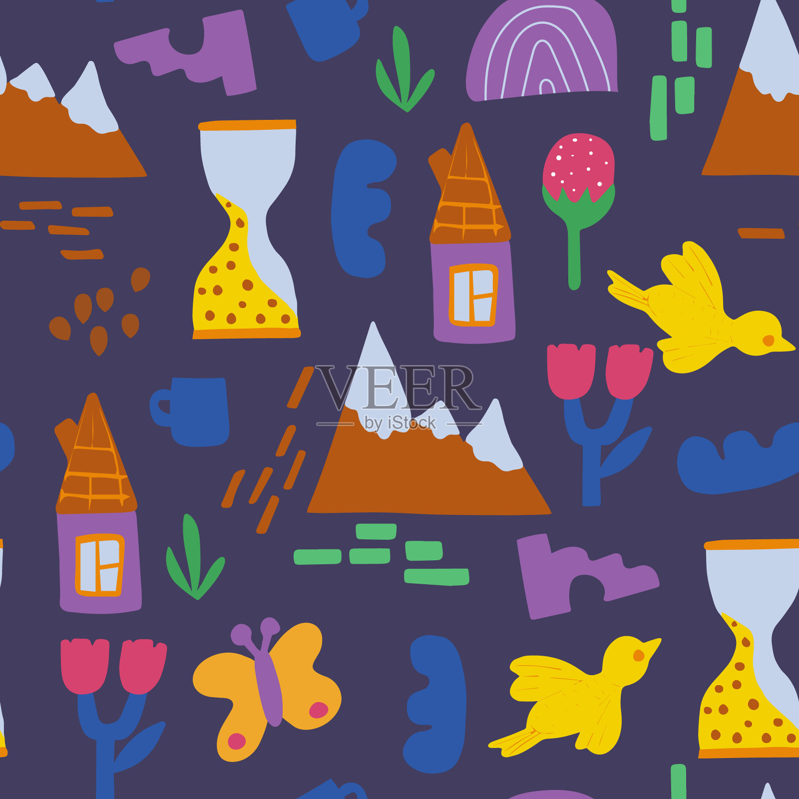 无缝模式的抽象极简元素。简单的形状，自然，房子，物体，鸟类。设计元素是手绘，程式化的儿童绘画。向量插画图片素材