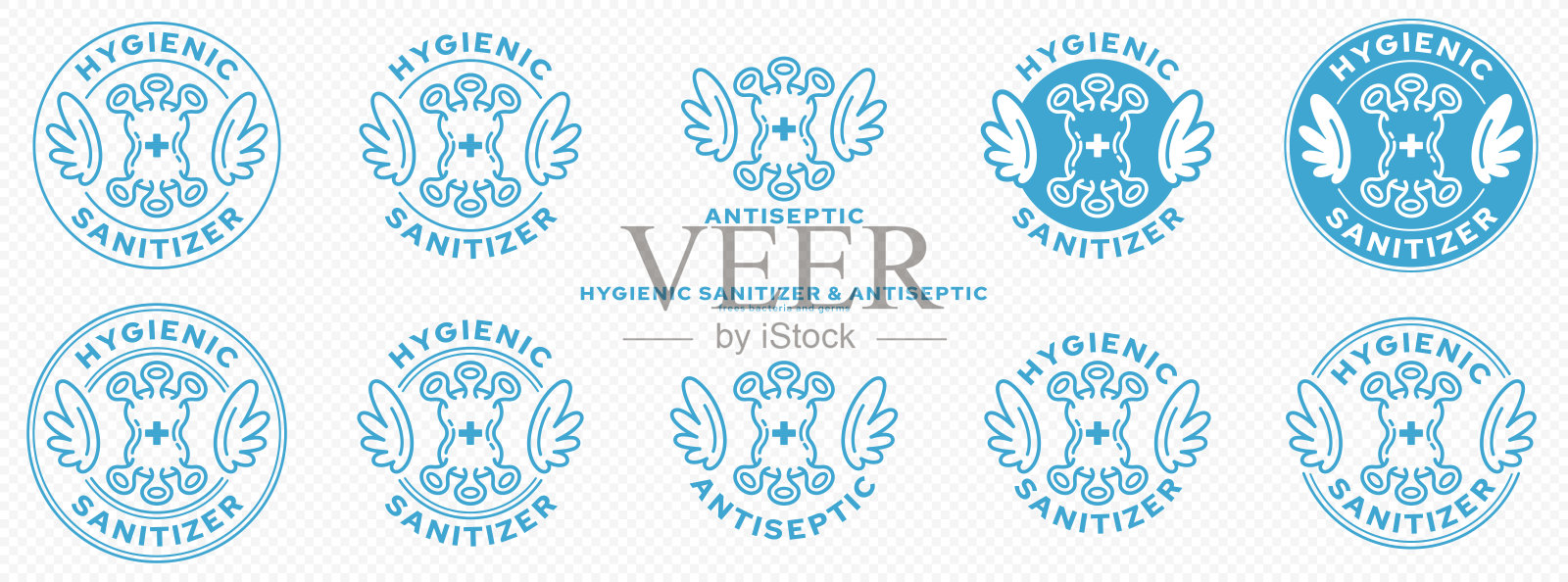 产品包装的概念标志。标记-卫生消毒剂或防腐剂。一个带有翅膀和细菌或微生物图标的商标，象征着医学上消灭细菌。向量插画图片素材