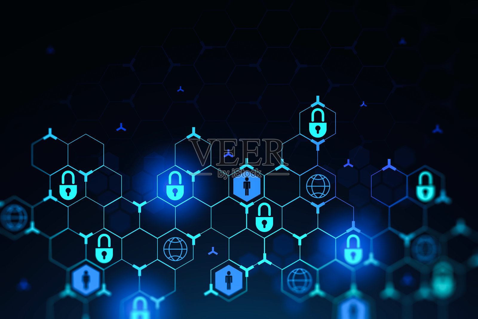 未来的网络安全接口和数据保护在蓝色插画图片素材