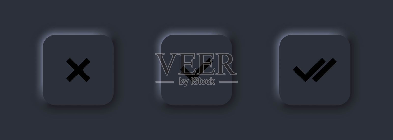 选中标记图标。复选标记图标。确认或勾选图标。交叉标记矢量插图。赞成或否定概念。网站符号。Neumorphic UI UX暗用户界面web按钮图标素材