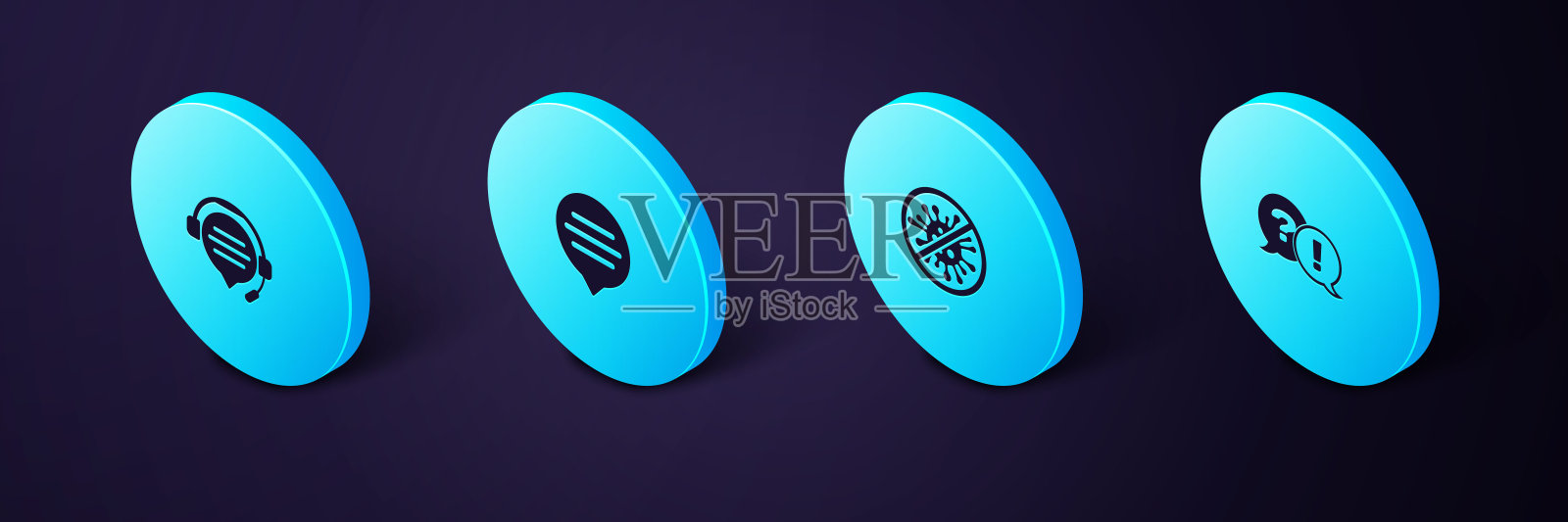 设置等距问题和感叹号，阻止病毒，细菌，语音气泡聊天和耳机语音图标。向量图标素材