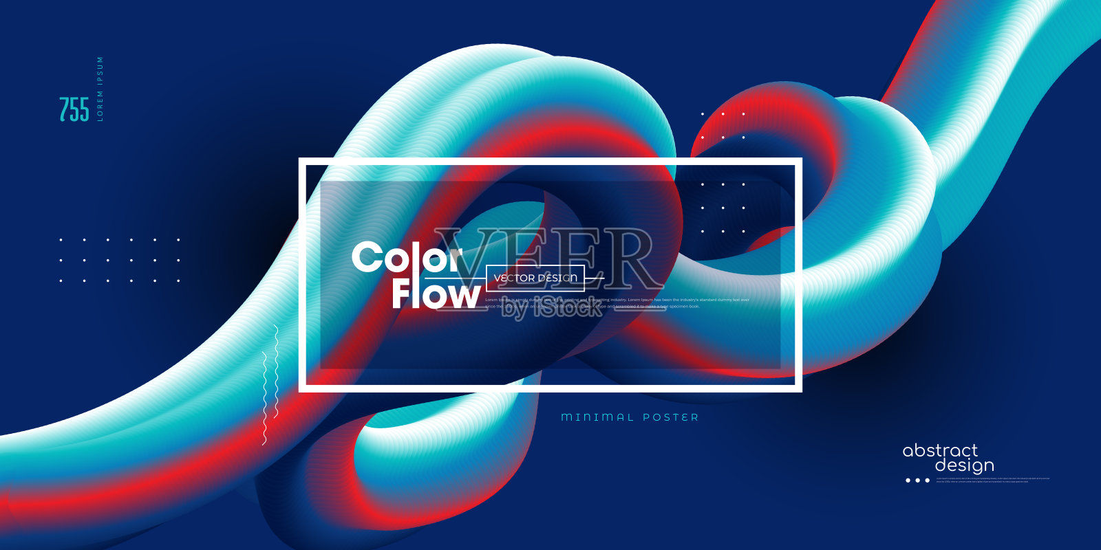 现代彩色流动海报。波浪液体形状在蓝色背景。插画图片素材