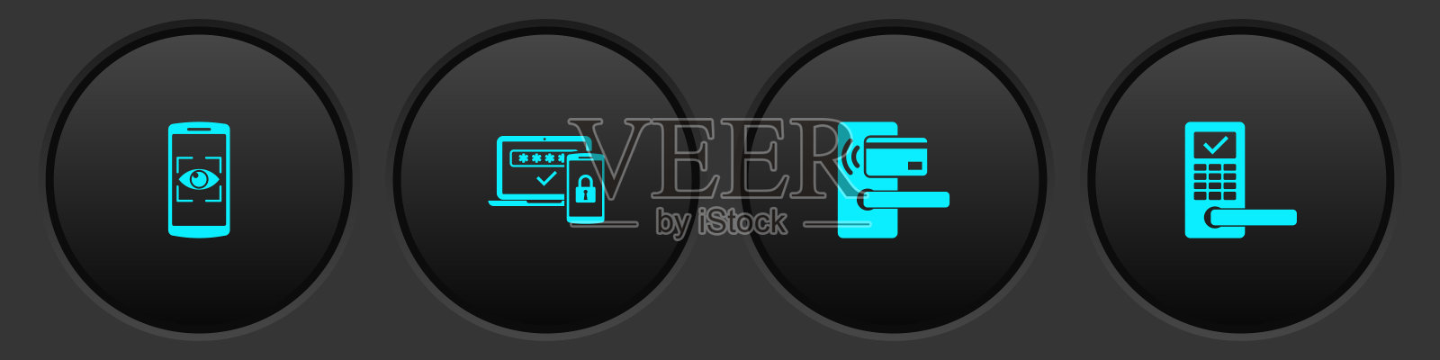 设有移动扫描和眼部扫描，两步认证，带无线和图标的数字门锁。向量图标素材