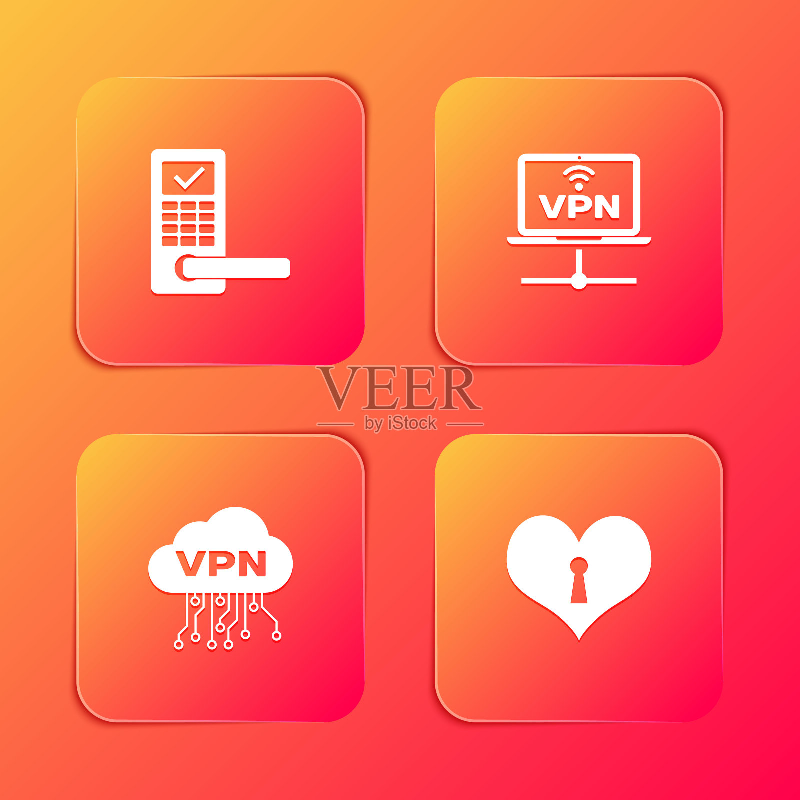 设置无线数字门锁，VPN电脑网络，云接口和心锁眼图标。向量图标素材