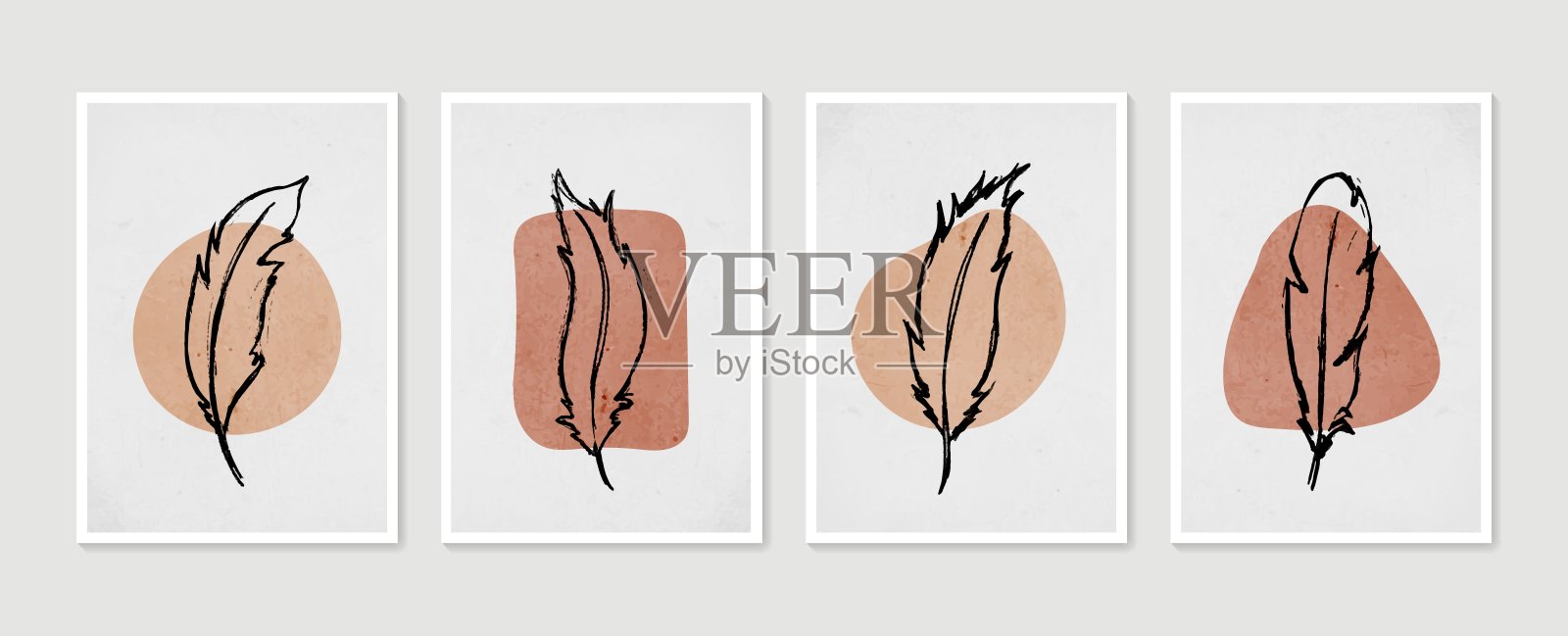 羽毛墙艺术向量集。简约自然的墙壁艺术。用抽象的形状画画。抽象艺术设计版画，墙纸，封面。现代向量插图。插画图片素材