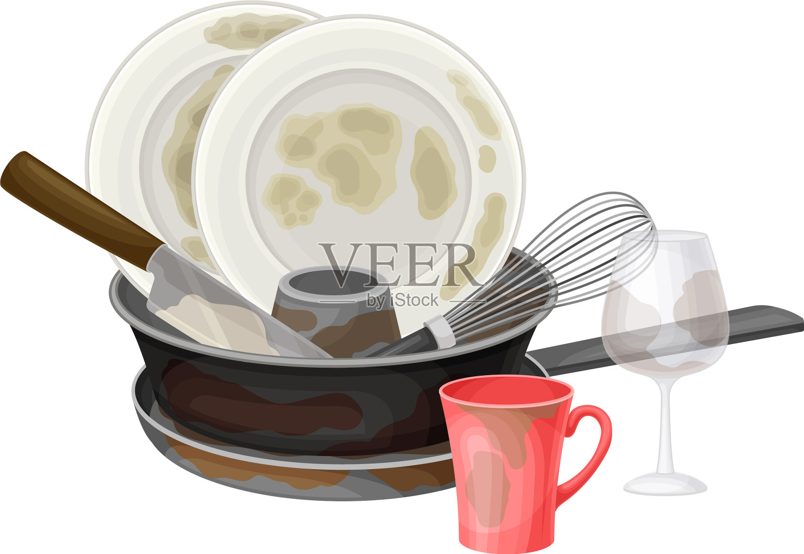 把脏盘子和餐具和盘子放在一起插画图片素材