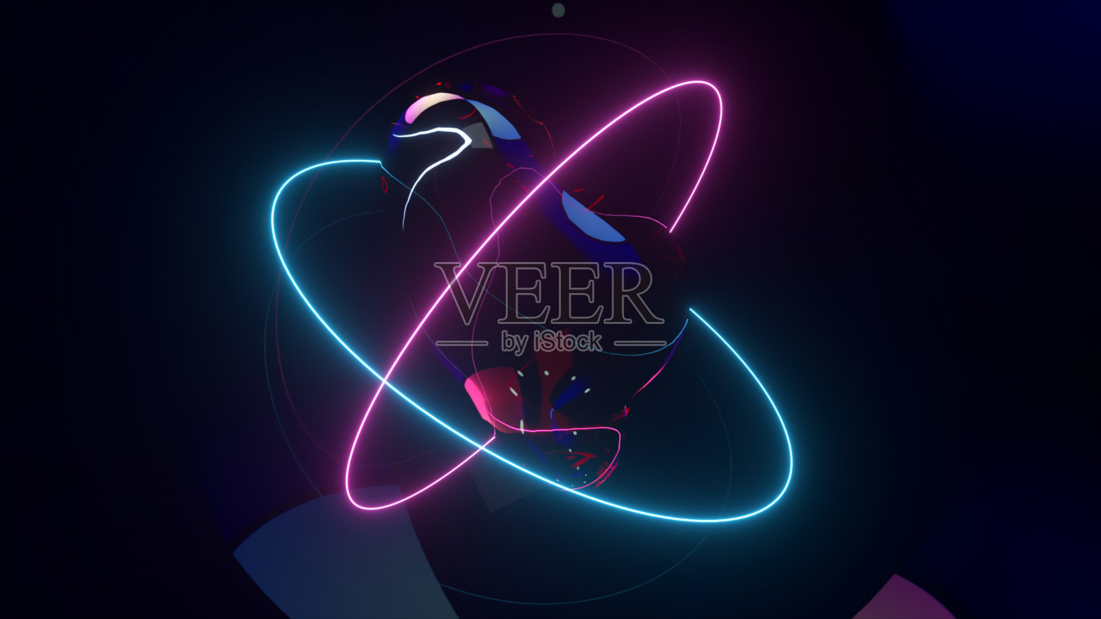 抽象背景与变形的黑暗球体被霓虹灯照亮。三维演示插画图片素材