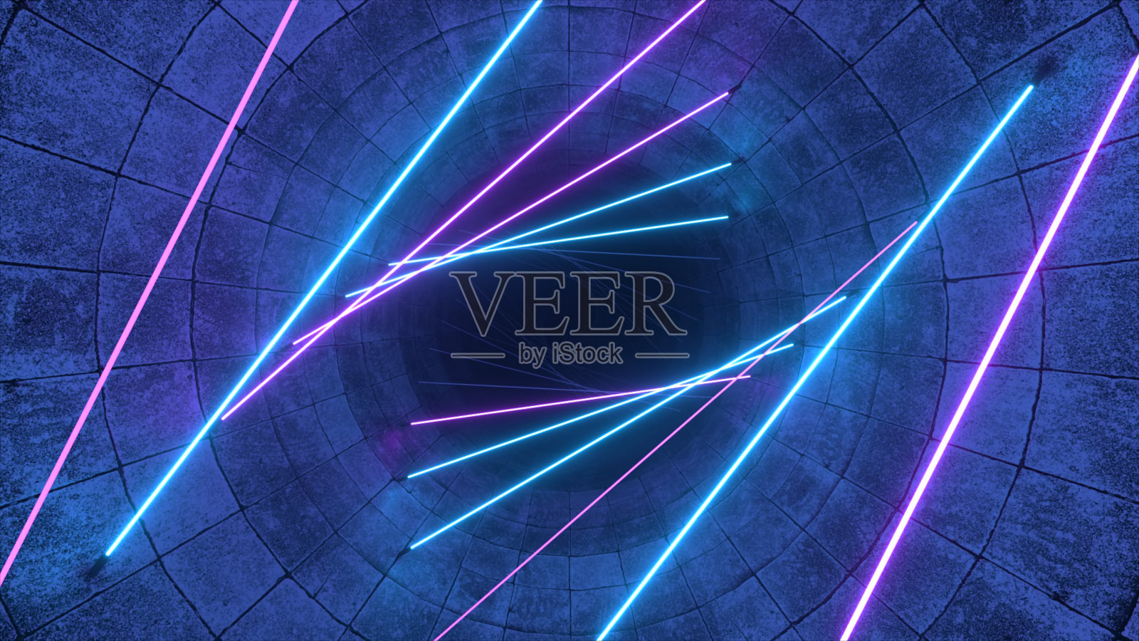 在霓虹灯照耀下的混凝土隧道里飞行。卤素灯。抽象的背景。现代蓝紫色光谱。三维演示照片摄影图片