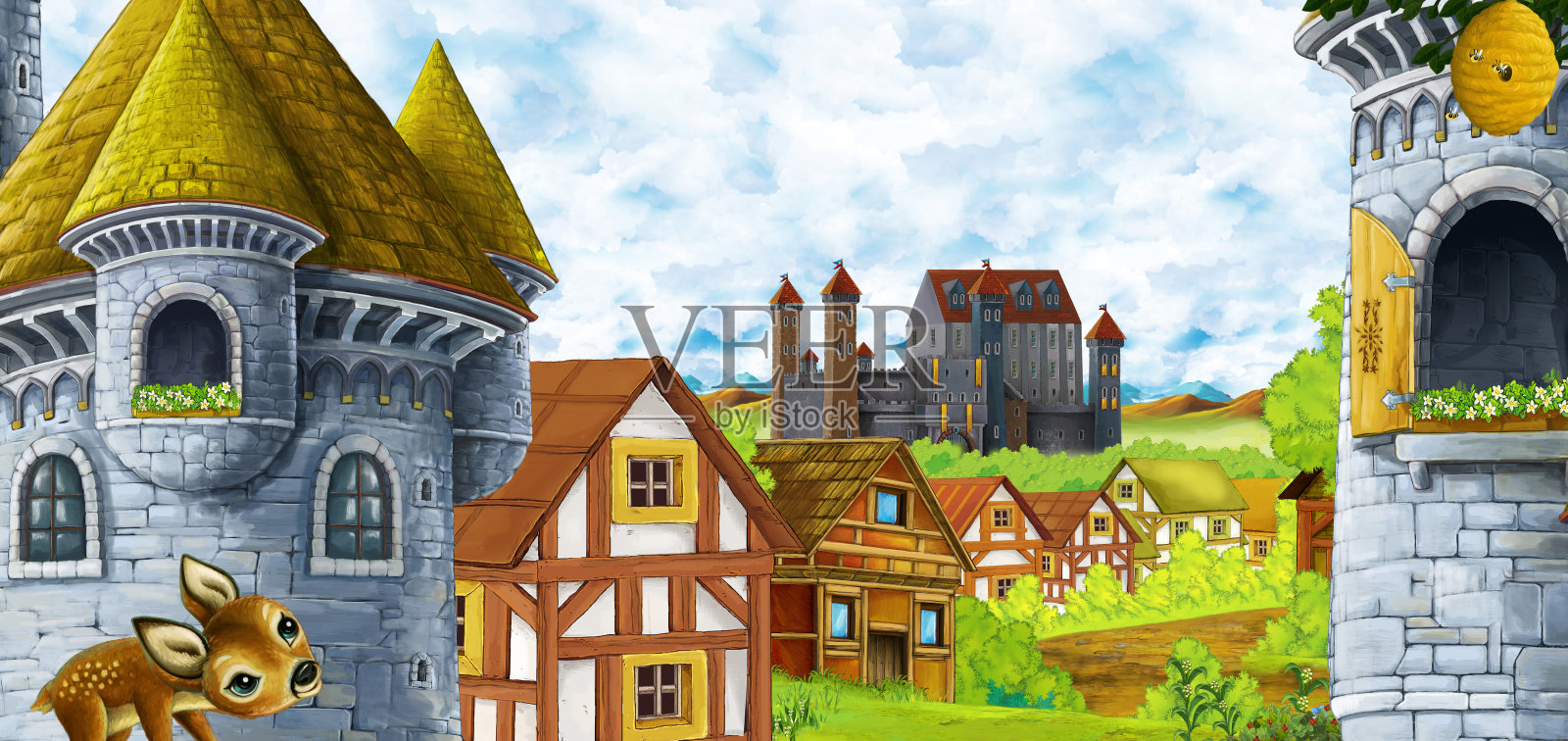 有王国城堡、高山、山谷、森林和农场的卡通场景插画图片素材
