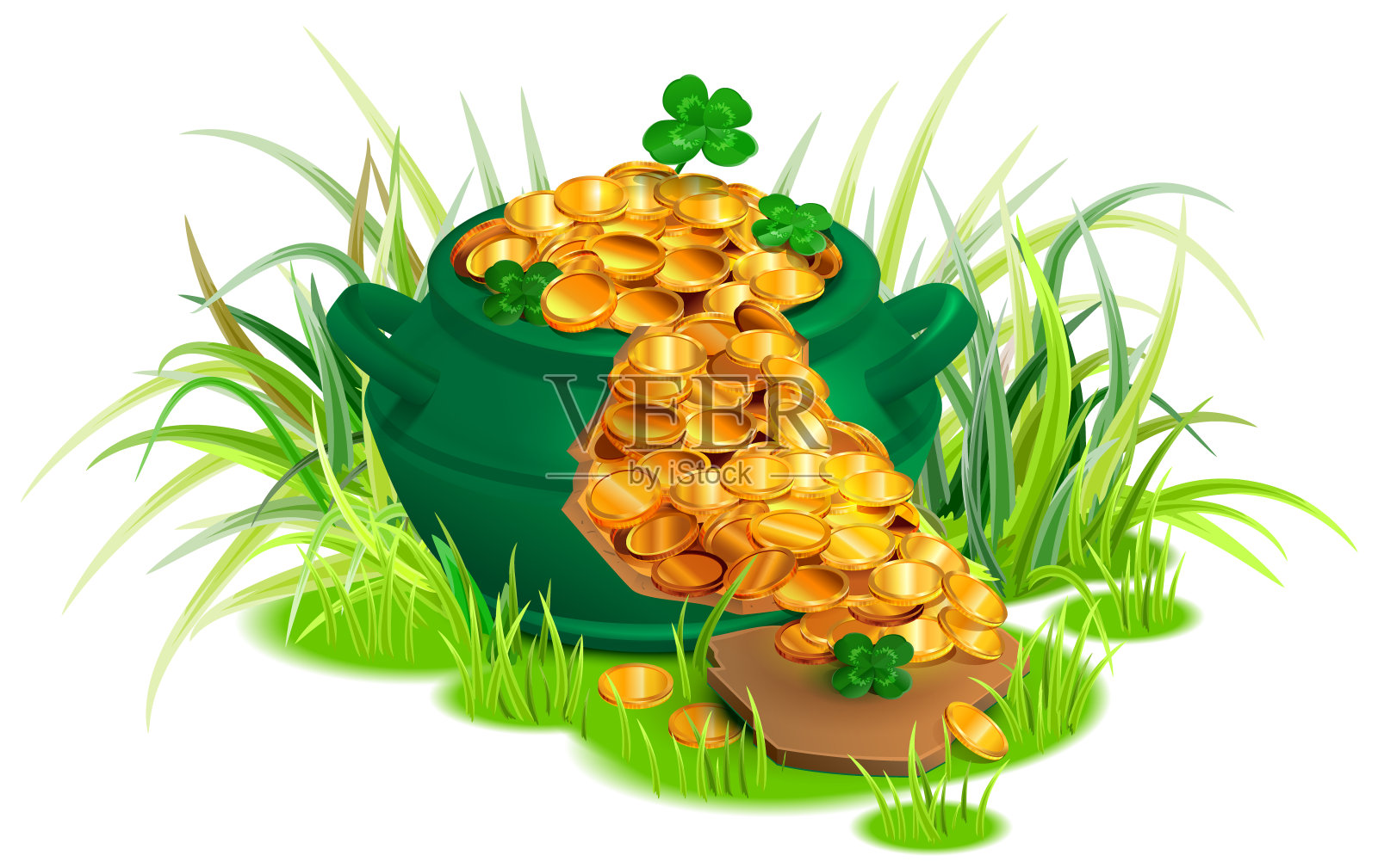 绿色的破大锅上盛满了草上的金币。幸运四叶草象征圣帕特里克节插画图片素材