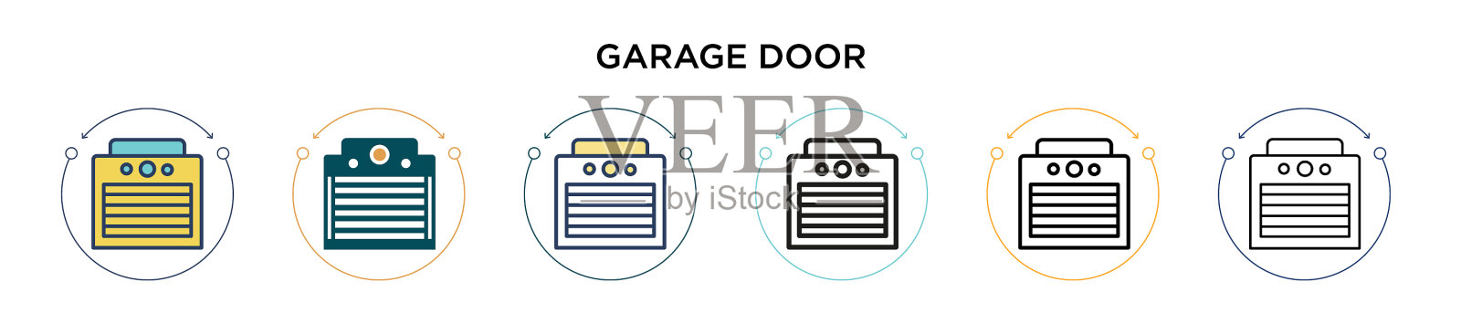 车库门图标在填充细线轮廓和插画图片素材
