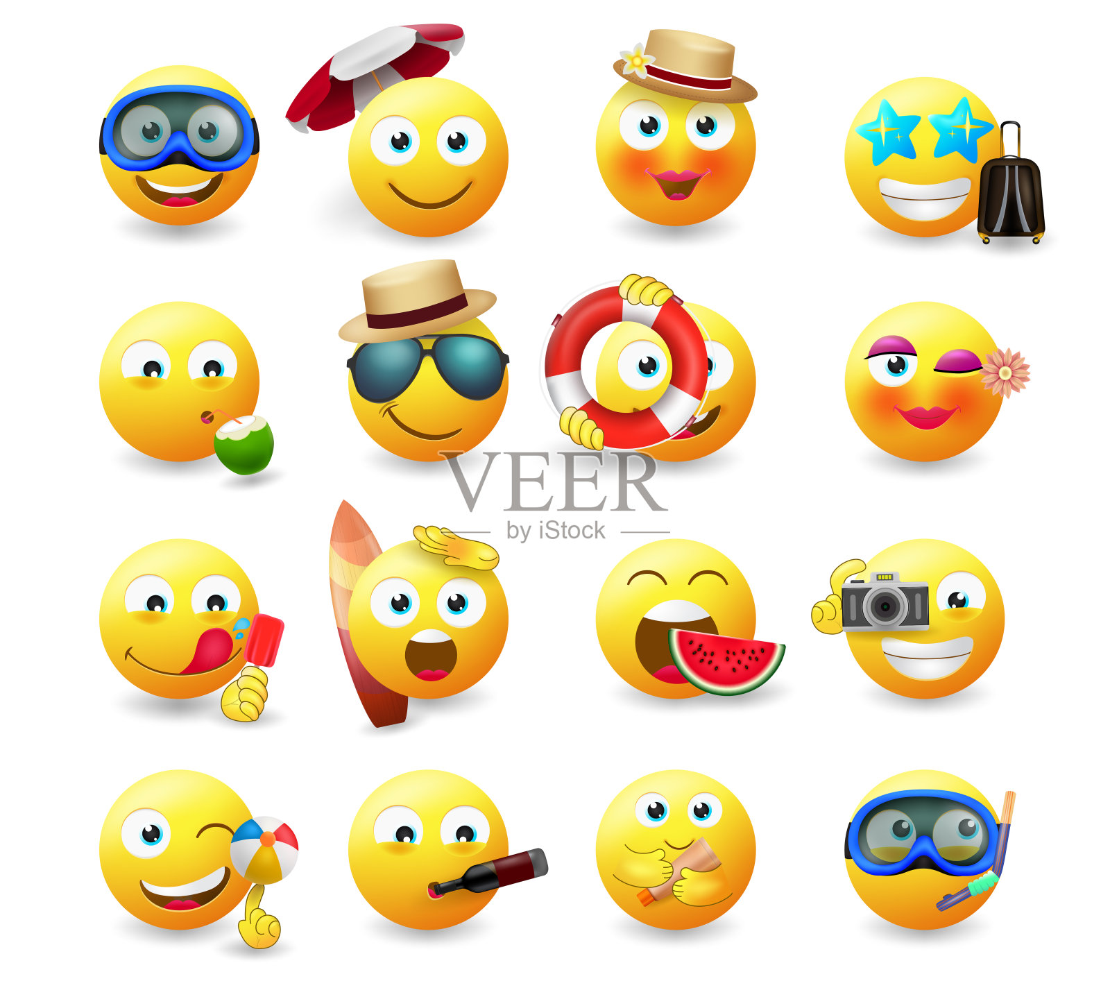 smiley夏季表情向量集。黄色的笑脸符号，夏季人物，沙滩和旅游元素孤立在白色背景的头像收集设计。图标素材