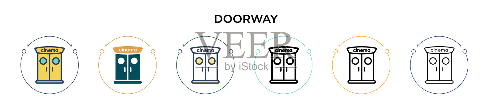 门口图标在填充细线和轮廓线插画图片素材