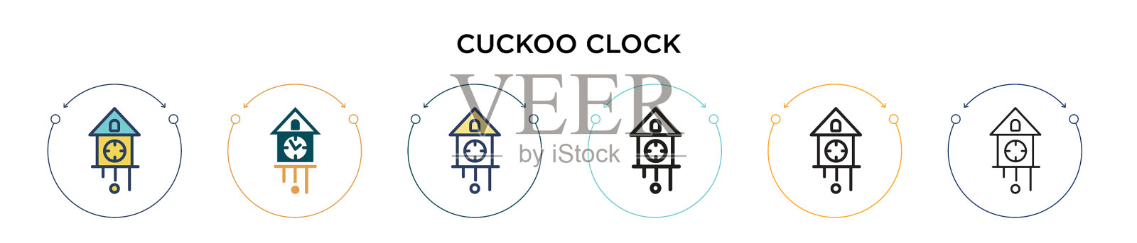 布谷鸟时钟图标在填充细线轮廓和图标素材