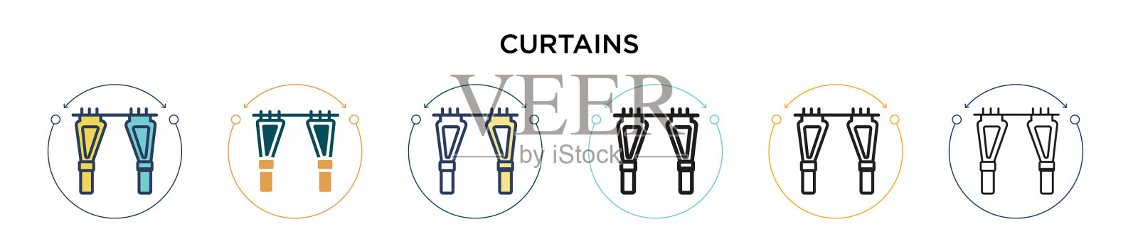 窗帘图标在填充细线和轮廓线插画图片素材