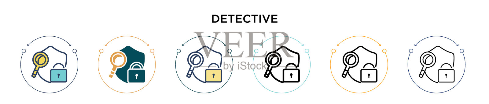 侦探图标在填充细线轮廓和插画图片素材