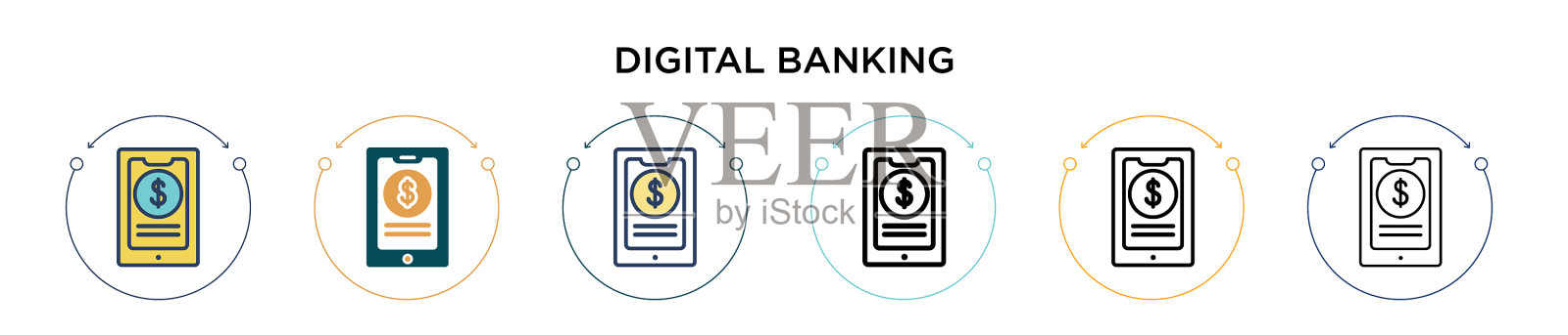 数字银行图标在填充细线轮廓插画图片素材