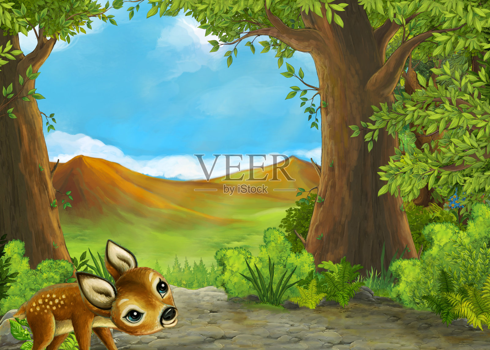 卡通自然场景附近的森林与路径插图插画图片素材